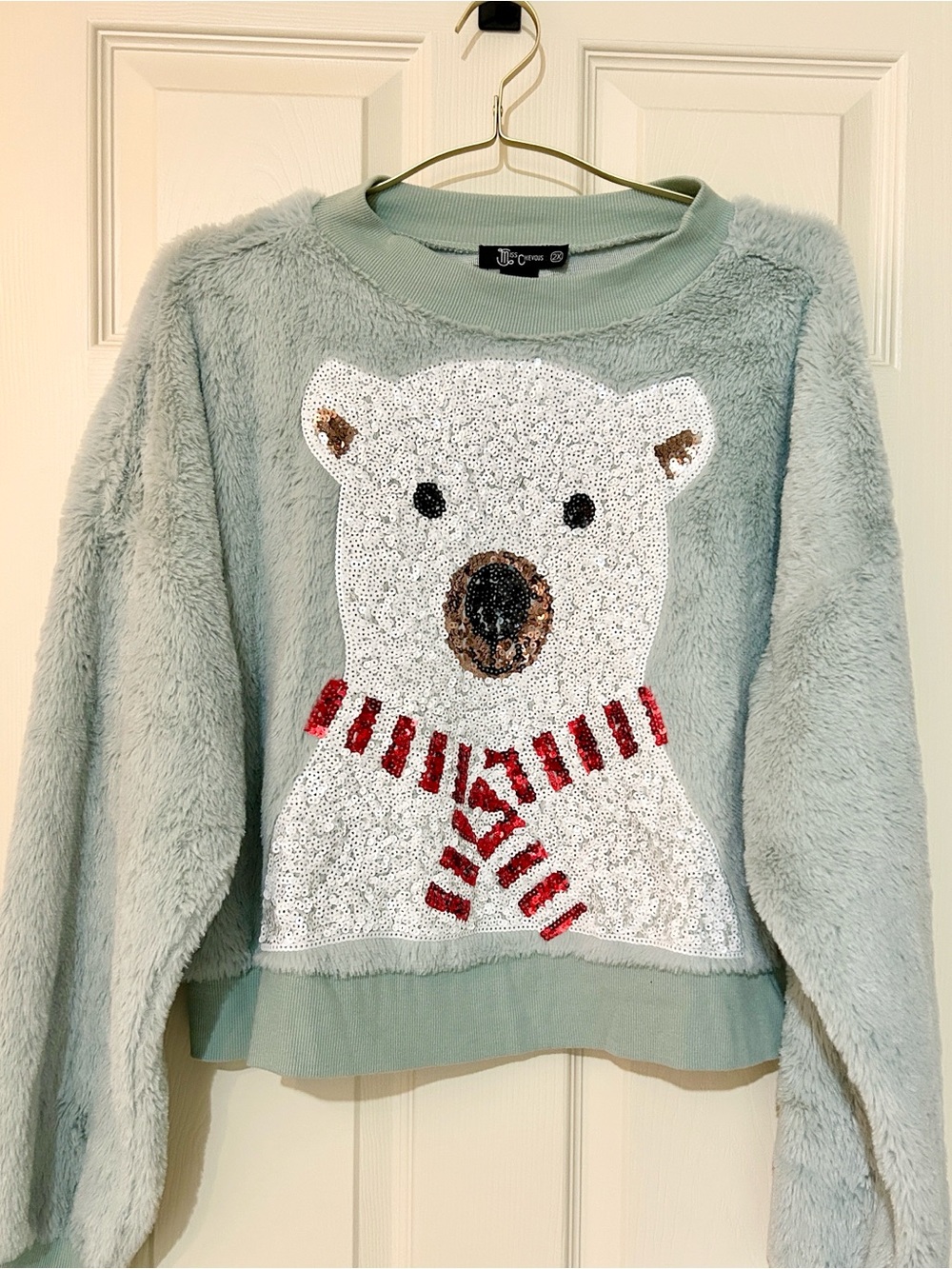 Cozy Winter Sequin Polar Bear Crop Sweater- Light Blue